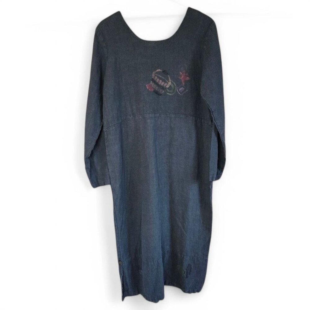 Vintage Lucky & Izzy M/L Linen Long Sleeve Dress Hand Painted Wearable Art Boho - Picture 4 of 13